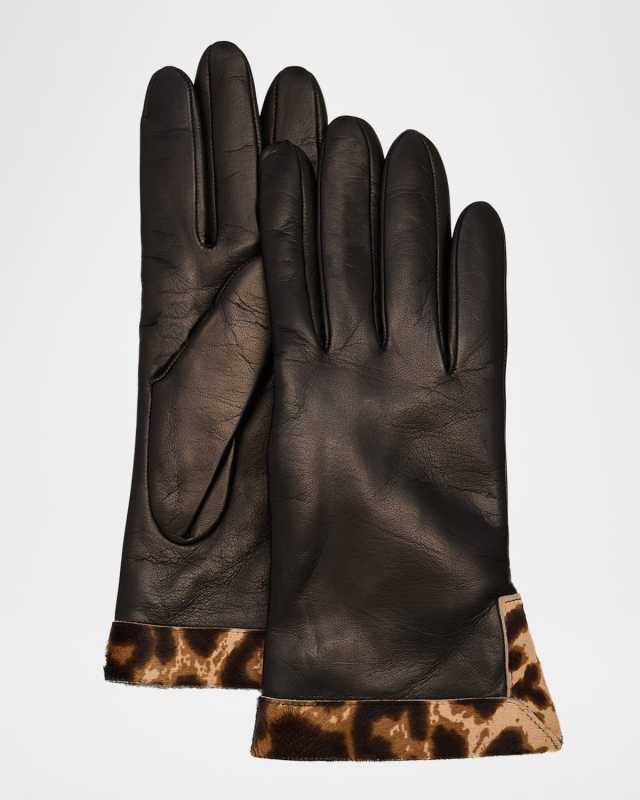 Leather Gloves W/ Cheetah-Print Trim